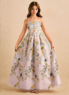 Azazie Lark Girls Formal Robe Demoiselle D'honneur Fillette Robe Trapèze en Dentelle Plissé Rose Pâle image2