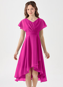 Azazie Graciela Junior Fuchsia A-Line Pleated Chiffon Dress image3