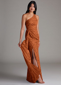 Azazie Mika Bridesmaid Dresses Burnt Orange Sheath One Shoulder Floral Burnout Dress image2