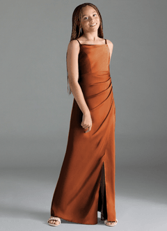 Azazie Leonis Junior Cinnamon A-Line Pleated Stretch Satin Dress image3