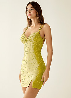 Ophelie Sorbet Citron Robe mini corset à perles en satin stretch, col V, ornée de perles image3