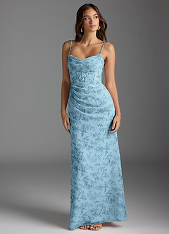 Azazie Mai Bridesmaid Dresses Blue Fern Floral Sheath Pleated Chiffon Dress image4