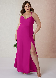 Azazie Manila Robes de demoiselle d'honneur Robe Fourreau en Mousseline de soie Col en V Fuchsia image7