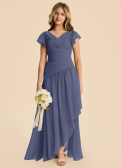 Azazie Pia Junior Robe Trapèze en Mousseline de soie Plissé Bleu Orageux image6