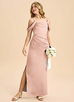 Azazie Saige Junior Robe Fourreau en Satin extensible Épaule décolletée Or Rose image5