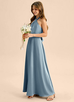 Azazie Beah Junior Dusty Blue A-Line Pleated Stretch Satin Dress image7