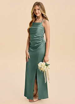 Azazie Nova Junior Eucalyptus A-Line Pleated Stretch Satin Dress image4