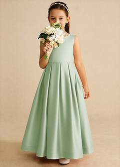 Azazie Cailee Flower Girl Dresses Dusty Sage Ball-Gown Pleated Matte Satin Dress image3