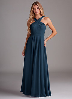 Azazie Dixie Bridesmaid Dresses Dark Navy A-Line Halter Pleated Chiffon Dress image1