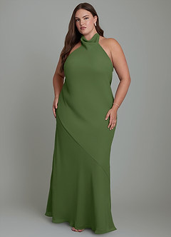 Azazie Velli Robes de demoiselle d'honneur Robe Sirène en Mousseline de soie Col haut Olive image8
