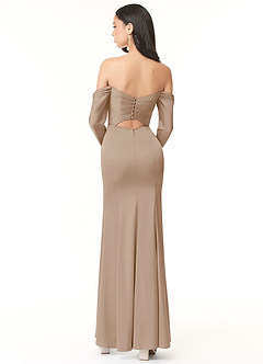 Azazie Hallie Bridesmaid Dresses Taupe Sheath Off-The-Shoulder Long Sleeve Stretch Satin Convertible Dress image4