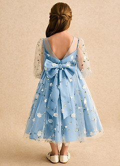 Azazie Elowen vestidos de niña de las flores Vestido de Azul Acero de Encaje de Corte en A con Escote de Corazón image2