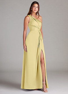 Azazie Brooke Bridesmaid Dresses Lemon Sorbet A-Line One Shoulder Stretch Satin Dress image4