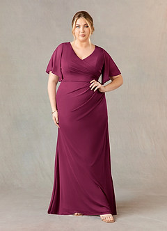 Azazie Selah Kleider für die Brautmutter A-Linie V-Hals Gerüscht Gittergewebe Kleid Maulbeerrot image6