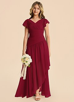 Azazie Pia Junior Burgundy A-Line Pleated Chiffon Dress image6