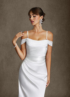 Azazie Darlene Wedding Dresses Diamond White Mermaid Off the Shoulder Metallic Satin Dress image3
