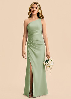 Azazie Eren Junior Robe Fourreau en Satin extensible Plissé Vert Sauge image3