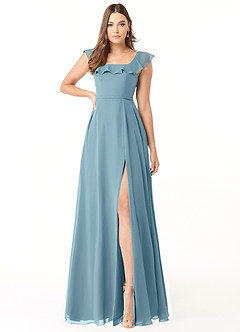 Azazie Jinny Bridesmaid Dresses Moody Blue A-Line Square Neckline Ruched Chiffon Dress image1