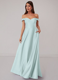 Barbie ♥ Azazie Jurken voor bruidsmeisjes Converteerbaar Jurk van Stretch Satijn met A-Lijn Off the Shoulder Zeeglas image3