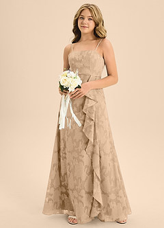 Azazie Kaylee Junior A-Linie Gürtel/Schärpe Blumen-Burnout Kleid Champagner image6