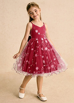 Azazie Junebug Blumenmädchenkleider Ballkleid Spaghetti Riemen Tüll Kleid Scharlachrot image2