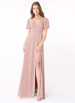 Azazie Kimber Robes de demoiselle d'honneur Robe Trapèze en Mousseline de soie Manches à volants Rose Poudré image4