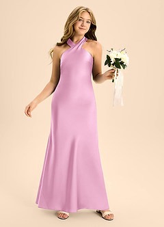 Azazie Doretta Junior Candy Pink Mermaid Pleated Stretch Satin Dress image5