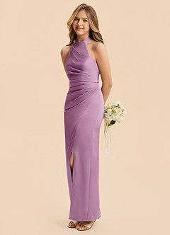 Azazie Jemma Junior Wisteria Sheath Ruched Stretch Satin Dress image5