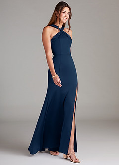 Azazie Rue Bridesmaid Dresses Dark Navy A-Line Pleated Stretch Satin Dress image4