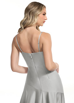 Azazie Kayla Bridesmaid Dresses Silver Sheath Side Slit Stretch Satin Dress image5