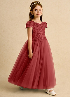 Azazie Puff Flower Girl Dresses Rust Ball-Gown Lace Tulle Dress image3