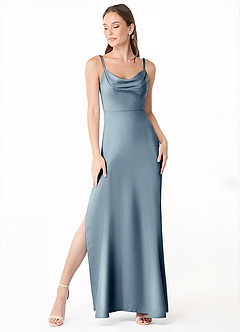 Azazie Alaija Bridesmaid Dresses Dusty Blue Mermaid Side Slit Stretch Satin Dress image2
