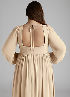Azazie Norah At-home Try On Dresses Champagne A-Line V-Neck Long Sleeve Chiffon Dress image9