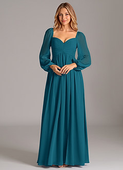 Azazie Alia Bridesmaid Dresses Ink Blue A-Line Long Sleeve Chiffon Dress image6