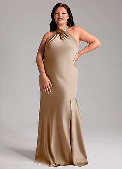 Azazie Lorena Bridesmaid Dresses Taupe Mermaid Pleated Stretch Satin Dress image7