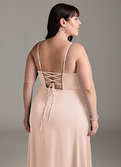 Azazie Marchella Bridesmaid Dresses Blushing Pink A-Line Corset Stretch Satin Dress image12