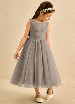 Azazie Macaron Robe Demoiselle D'honneur Fillette Robe Trapèze en Tulle Plissé Taupe image1