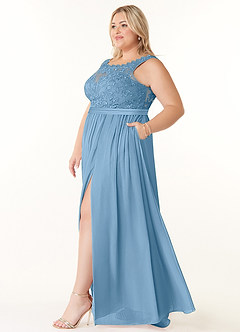 Azazie Elly Abiti da Damigella Abito A-Line in Chiffon Scollo a barchetta in pizzo Blu Acciaio image9