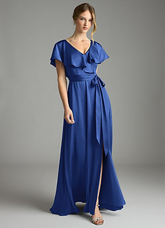 Azazie Lainey Bridesmaid Dresses Royal Blue A-Line with Pockets Stretch Satin Dress image1