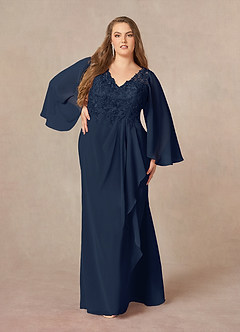 Azazie Perry vestidos de madre de la novia Vestido de Azul Marino Oscuro de Gasa de Sirena con Encaje cuello pico image7