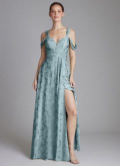 Azazie Emoria Bridesmaid Dresses Light Blue Jacquard A-Line Off the Shoulder Jacquard Dress image6