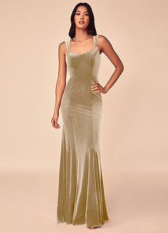 Azazie Lanessa Bridesmaid Dresses Golden Tan Mermaid V-Neck Keyhole Back Velvet Dress image1