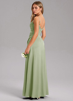 Azazie Azuree At-home Try On Dresses Dusty Sage A-Line Pleated Stretch Satin Dress image7