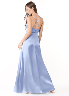 Azazie Naomie Bridesmaid Dresses Ice A-Line Cowl Neckline Side Slit Stretch Satin Dress image2