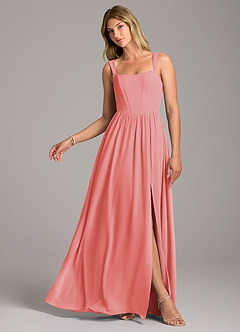 Azazie Rosaline Bridesmaid Dresses Coral A-Line Side Slit Chiffon Dress image1