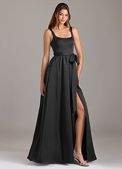 Azazie Elliott Robes de demoiselle d'honneur Robe Trapèze en Satin extensible avec poches Noir image1