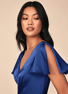Azazie Soren Bridesmaid Dresses Royal Blue A-Line Pleated Stretch Satin Dress image6