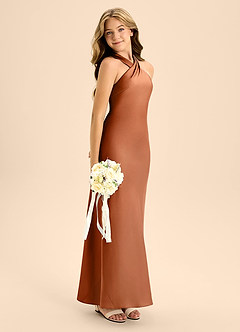 Azazie Doretta Junior Vestido Cobre de Cetim elástico de Linha A com Plissado image7