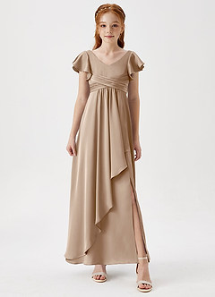 Azazie Omari Junior Taupe A-Line Pleated Stretch Satin Dress image4