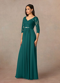 Azazie Hayek Mother of the Bride Dresses Peacock A-Line V-Neck Lace Chiffon Dress image7